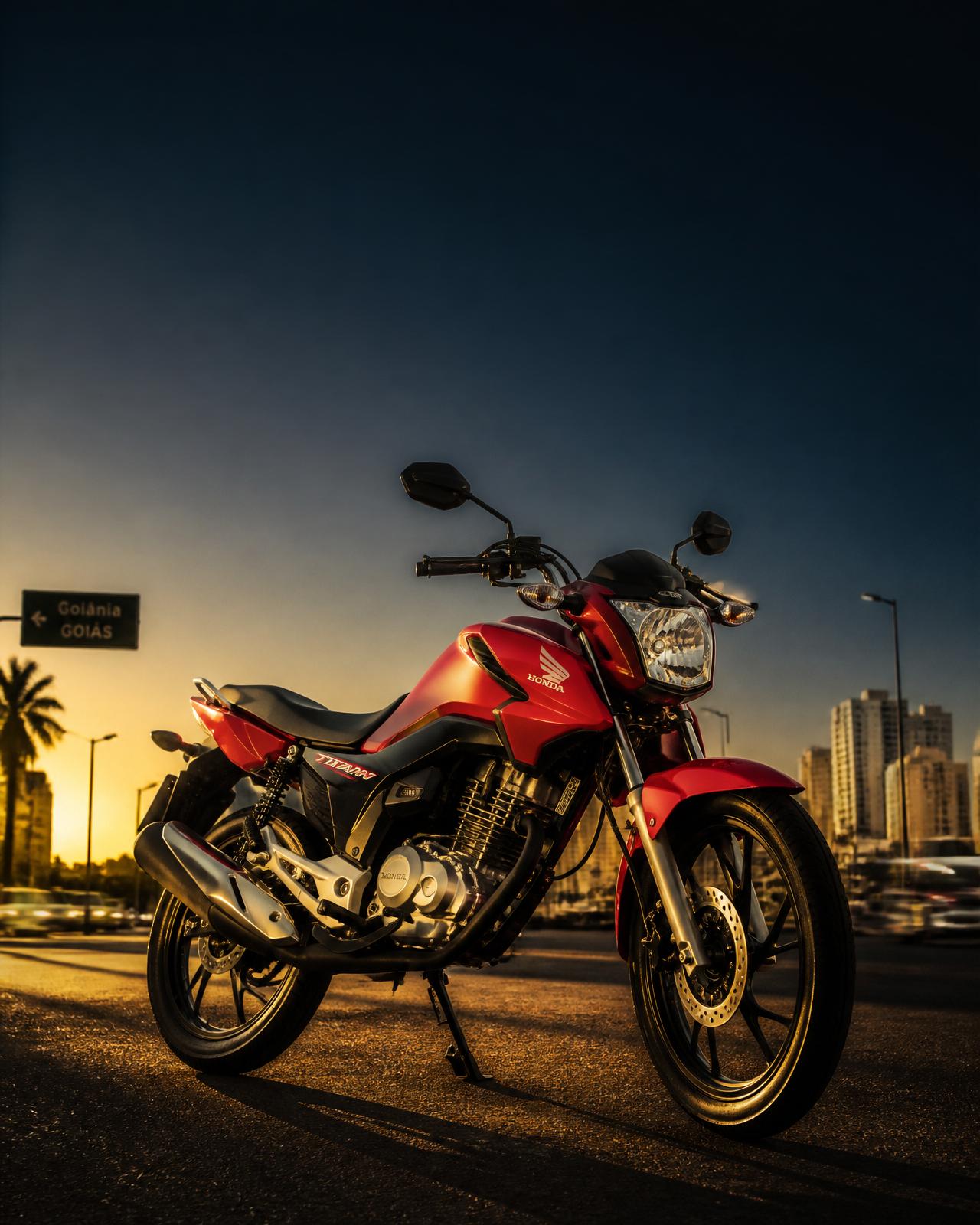 Moto 160 Titan estacionada em Goiânia ao entardecer
